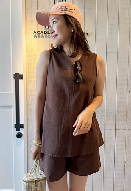 Vネックノースリーブ＆ショートパンツセットアップ【7g-831-05494】