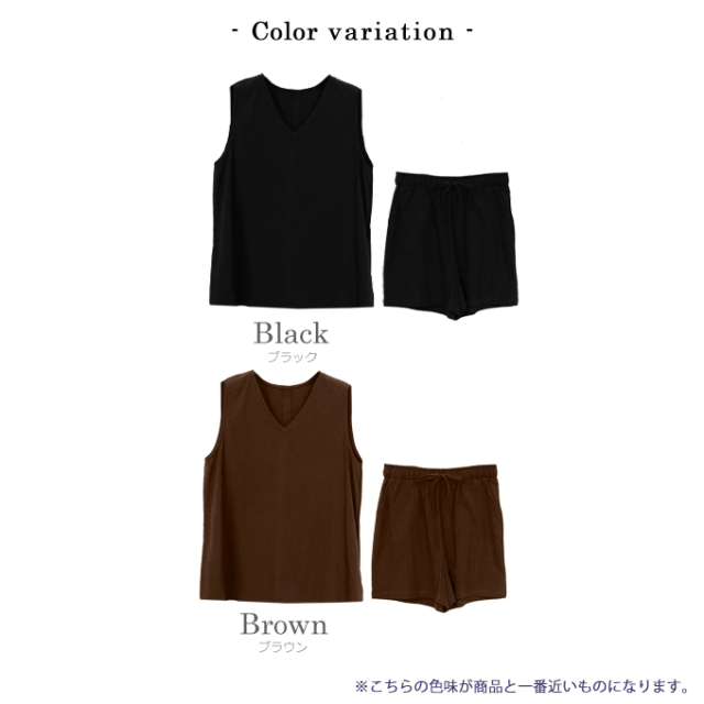 Vネックノースリーブ＆ショートパンツセットアップ【7g-831-05494】