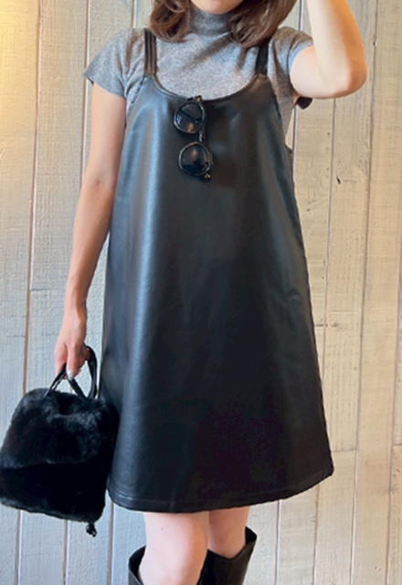 ニット＆フェイクレザーキャミワンピセット【7f-831-05787】