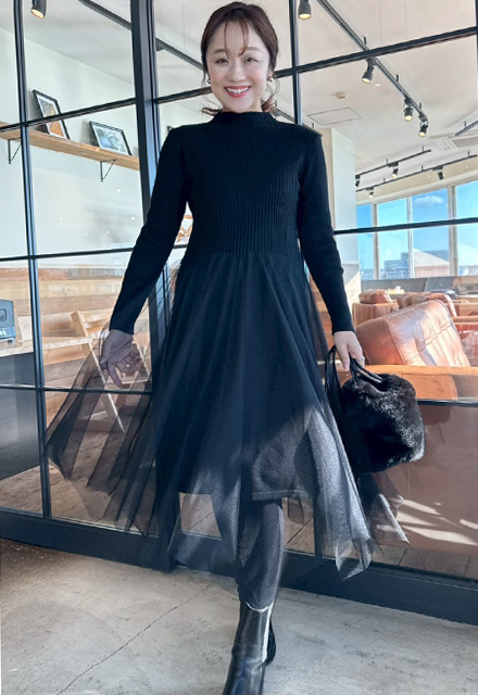 シャギーベスト×チュールニットワンピースセット【7f-831-06038】