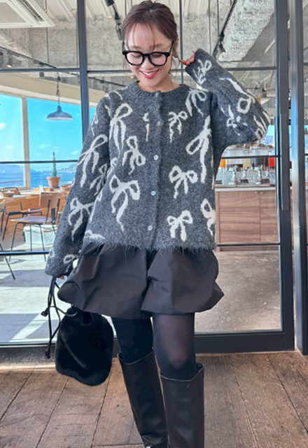 リボン総柄ニットカーディガン【7f-831-06024】