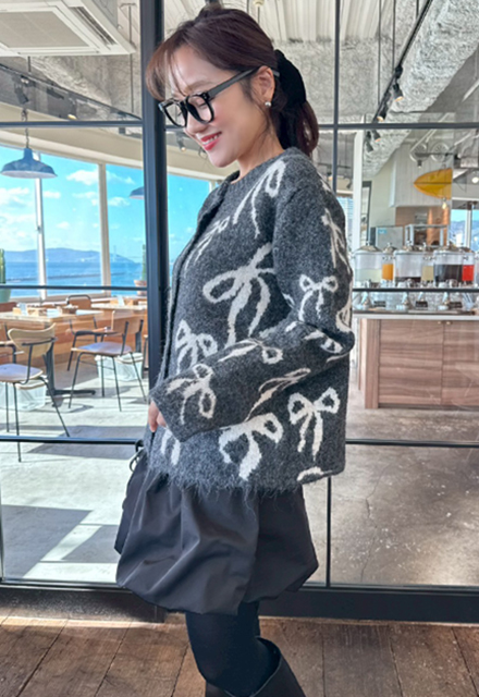 リボン総柄ニットカーディガン【7f-831-06024】