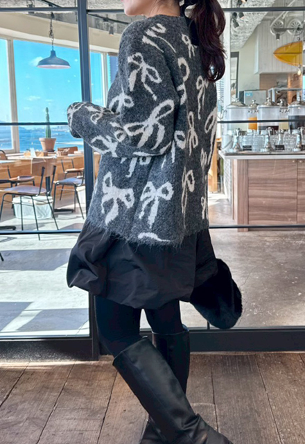 リボン総柄ニットカーディガン【7f-831-06024】