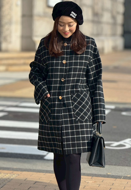 チェック柄リバーノーカラーコート【7f-146-07002】