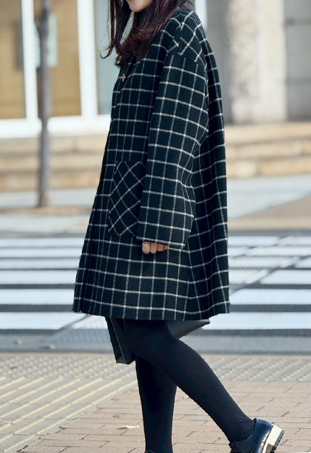 seven by seven 裏地チェックステンカラーコート 黒/OW223 seven by seven 裏地チェックステンカラーコート 黒/OW223