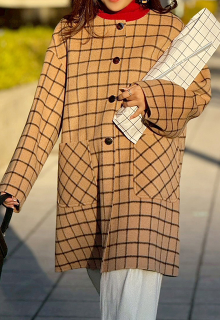 チェック柄リバーノーカラーコート【7f-146-07002】