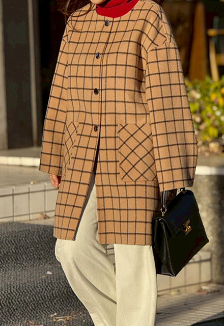 チェック柄リバーノーカラーコート【7f-146-07002】