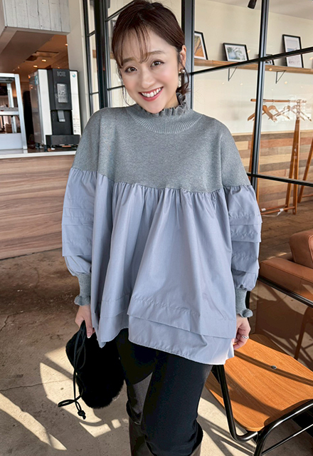 ハイネック異素材ドッキングブラウス【7f-831-06037】