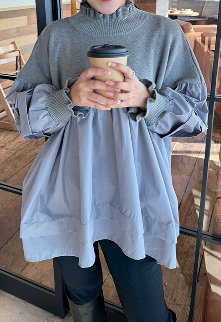 ハイネック異素材ドッキングブラウス【7f-831-06037】