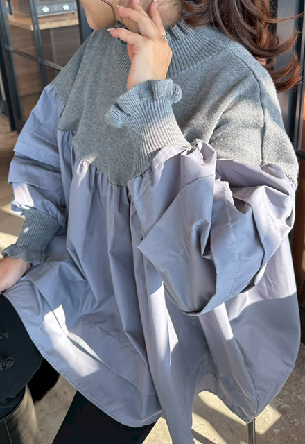 ハイネック異素材ドッキングブラウス【7f-831-06037】