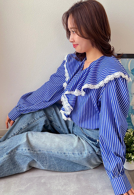 ストライプ柄フリルレースブラウス【ネコポスOK】【7e-831-06105】