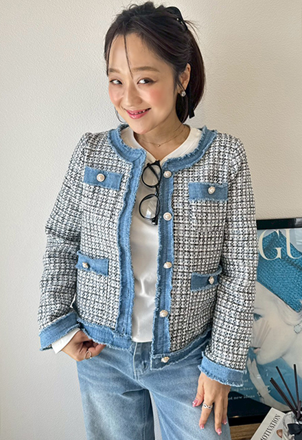 イタリア製 BLUMARINE ブルマリン ツイードジャケット 切り替え ウール ブルマリン ツイードジャケット パステルブルー×ピンク #40 Blumarine