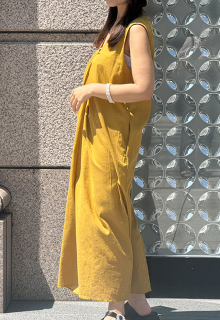 リネンミックスVネックロングワンピース【7e-831-06537】