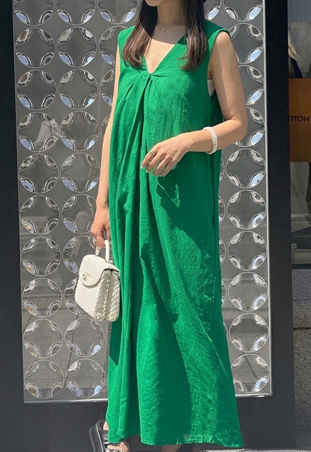 リネンミックスVネックロングワンピース【7e-831-06537】
