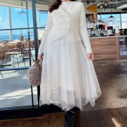 シャギーベスト×チュールニットワンピースセット【7f-831-06038】