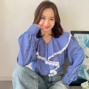 ストライプ柄フリルレースブラウス【ネコポスOK】【7e-831-06105】