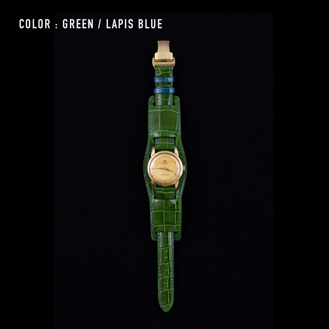 【剛腕】クロコダイル ダブルストラップ ／ グリーン＆遊革・定革：ラピスブルー