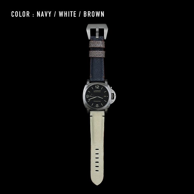 【剛腕】ガルーシャ製 シングルストラップ（PANERAI用） ／ ネイビー&ホワイト&ブラウン