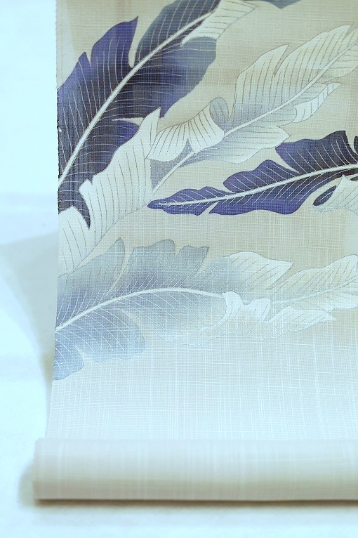 手描き友禅/九寸名古屋帯、紗紬地、青芭蕉、白よごし