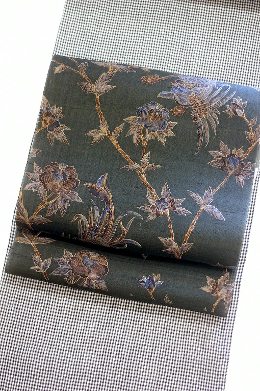 摺友禅九寸名古屋帯/ガルーダ更紗 生紬地 深みのグリーングレー