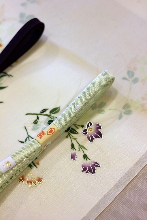 手描き友禅/無双九寸名古屋帯 「虫籠に花」