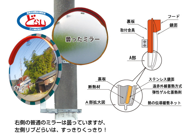 「気温蓄熱方式」でどんな天候でも曇らない凍らないステンレス製防曇カーブミラー