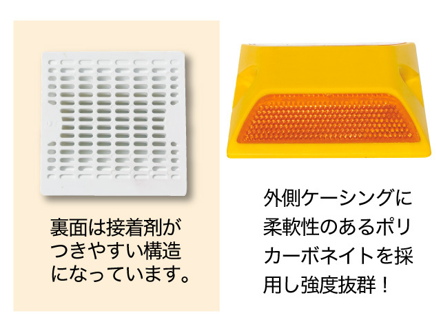 テルスタッド道路縁石鋲裏面構造とポリカーボネイト使用で強度抜群