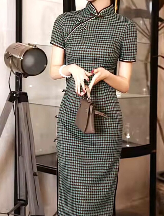 チャイナドレス《ミントグリーン×ブラウン千鳥格子》