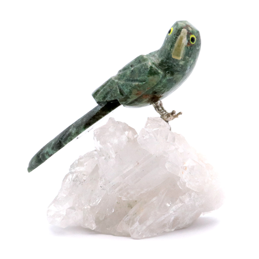 天然石 鳥 置き物 オーナメント 宝石鳥 インコ インド翡翠 オウム 水晶 クラスター 原石 パワーストーン 彫刻 彫り物 天然石 1点もの