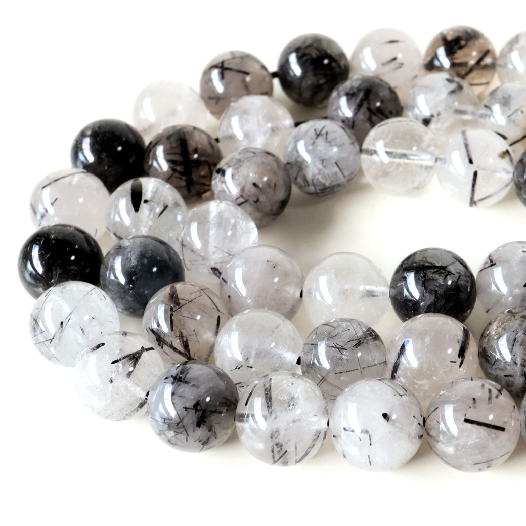 ブラックトルマリン イン クォーツ 一連 ビーズ 1本売り 10mm Aランク ブラジル産 天然水晶 長さ36-38cm前後 パーツ ハンドメイド 手作り