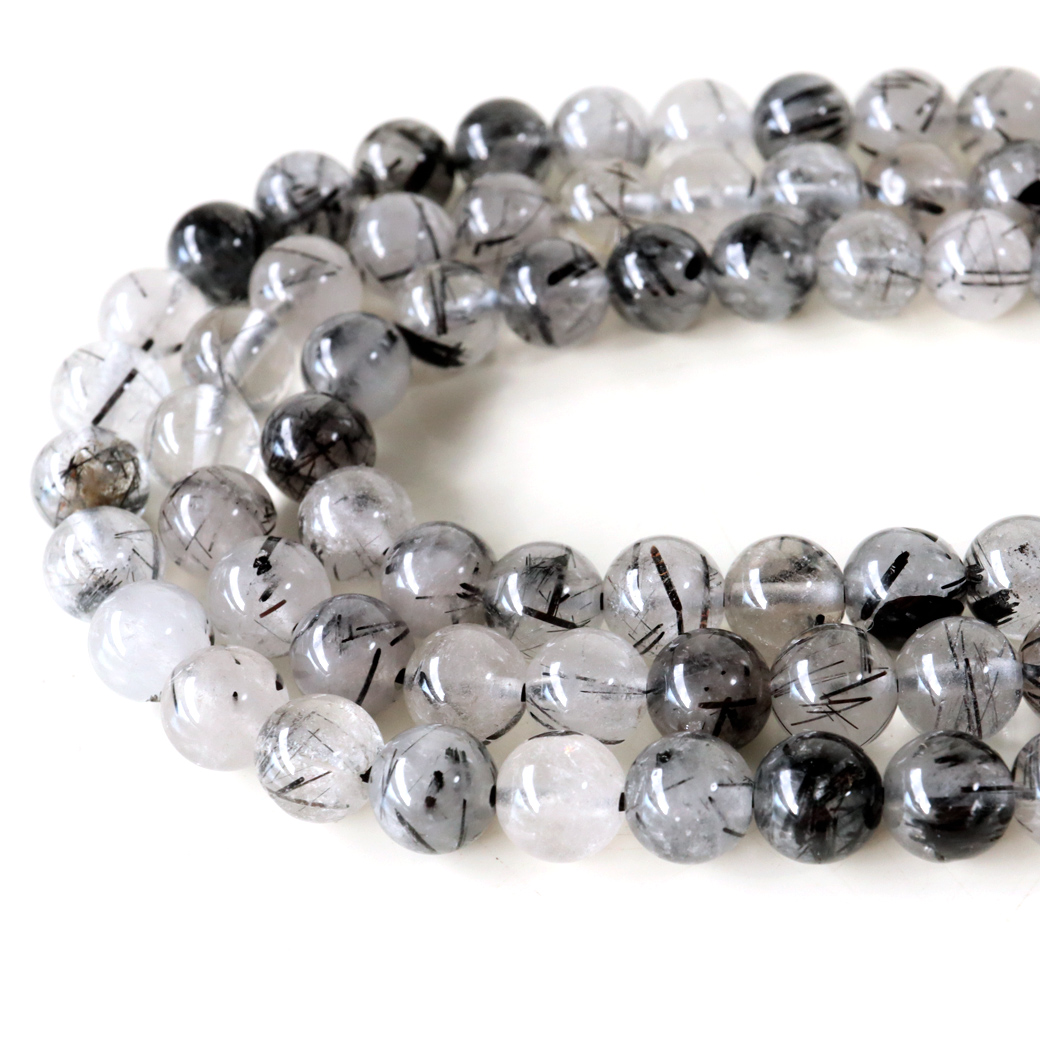 ブラックトルマリン イン クォーツ 一連 ビーズ 1本売り 6mm Aランク ブラジル産 天然水晶 長さ36-38cm前後 パーツ ハンドメイド 手作り