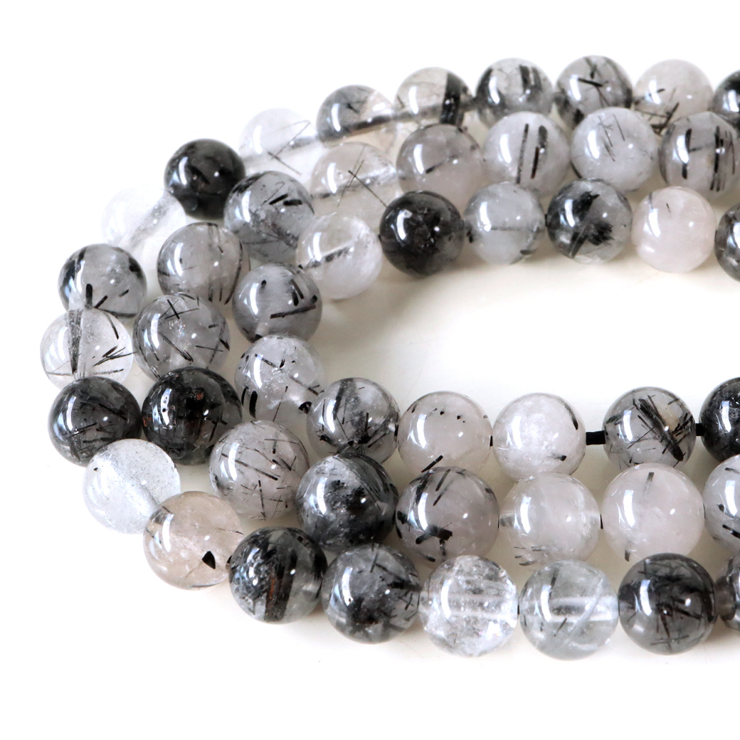 ブラックトルマリン イン クォーツ 一連 ビーズ 1本売り 8mm Aランク ブラジル産 天然水晶 長さ36-38cm前後 パーツ ハンドメイド 手作り