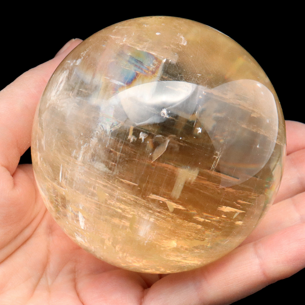 ゴールデン カルサイト 丸玉 木製台座付き AAA 虹入り レインボー 天然石 パワーストーン 1点もの 置き物 インテリア 方解石 風水