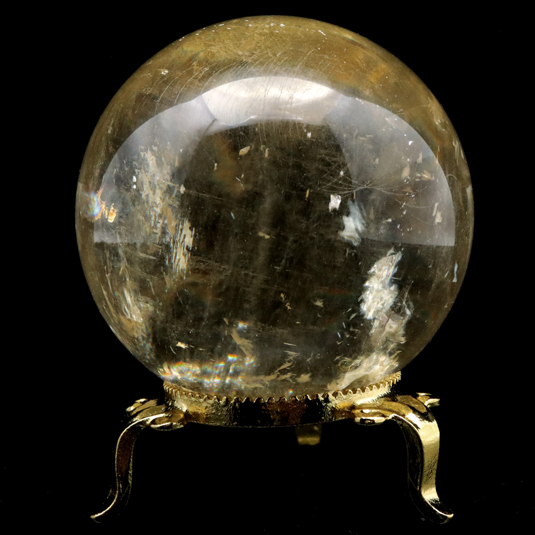 ゴールデン カルサイト 丸玉 木製台座付き AAA 虹入り レインボー 天然石 パワーストーン 1点もの 置き物 インテリア 方解石 風水