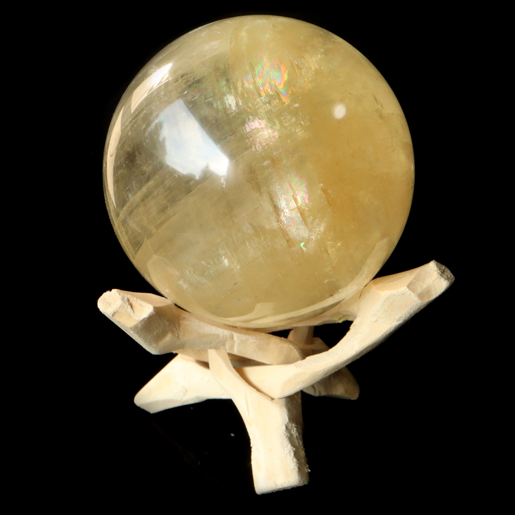 ゴールデン カルサイト 丸玉 木製台座付き AAA 直径約90mm 虹入り レインボー 天然石 パワーストーン 1点もの 置き物