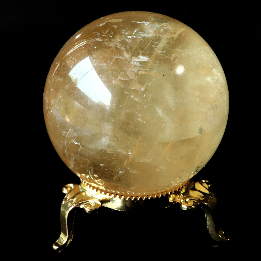 ゴールデン カルサイト 丸玉 木製台座付き AAA 直径約61mm 虹入り レインボー 1点もの 置き物 インテリア 方解石 風水