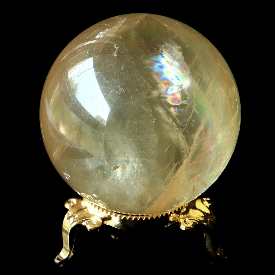 ゴールデン カルサイト 丸玉 木製台座付き AAA 直径約67mm 虹入り レインボー 1点もの 置き物 インテリア 方解石 風水