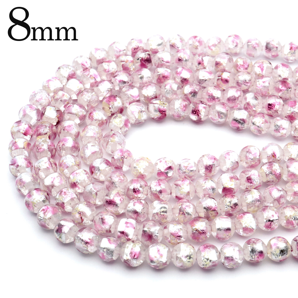 ホタルガラス 光る クリア ピンク ビーズ 一連 8mm 52玉 透明 桃色 蓄光 夜光 とんぼ玉 ほたる 蛍 トンボ玉