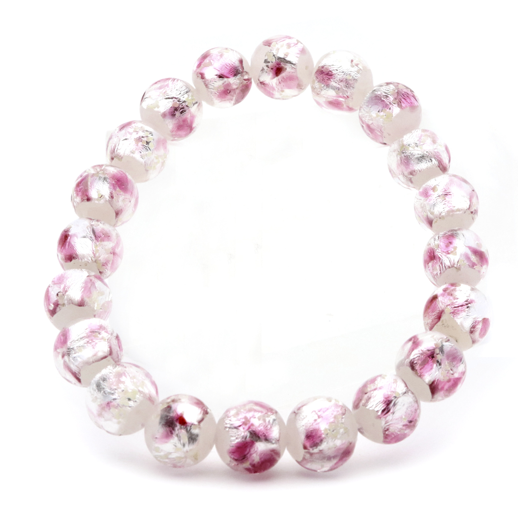 ホタルガラス ブレスレット 光る ピンク ホワイト ビーズ 10mm 不透明 桃色 蓄光 夜光 とんぼ玉 ほたる 蛍 トンボ玉 アクセサリー