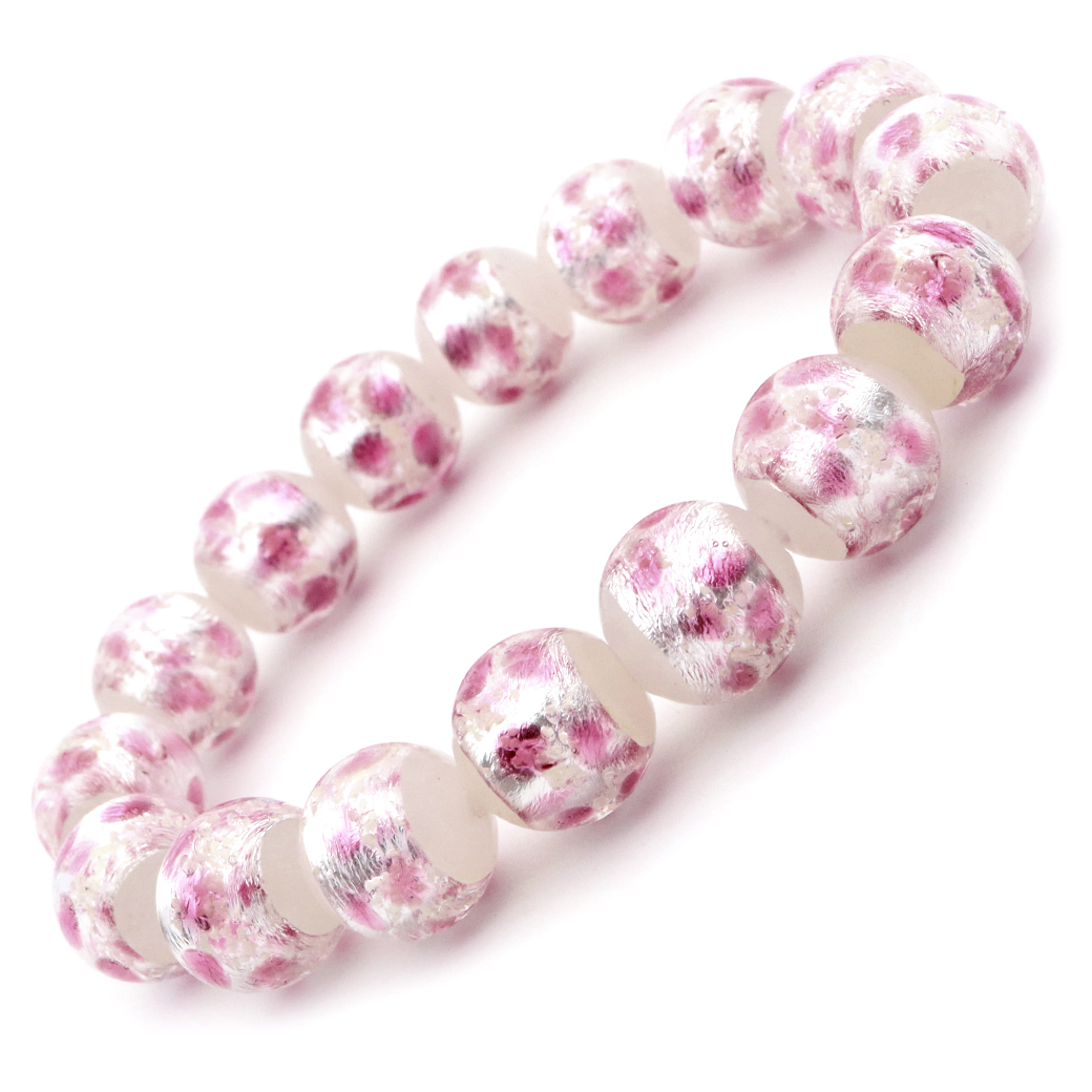 ホタルガラス ブレスレット 光る ピンク ホワイト ビーズ 12mm 不透明 桃色 蓄光 夜光 とんぼ玉 ほたる 蛍 トンボ玉 アクセサリー