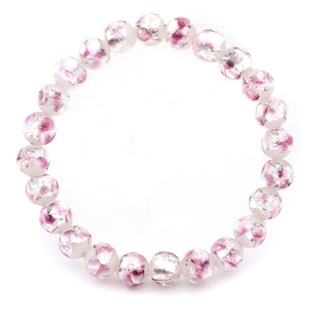 ホタルガラス ブレスレット 光る ピンク ホワイト ビーズ 8mm 不透明 桃色 蓄光 夜光 とんぼ玉 ほたる 蛍 トンボ玉 アクセサリー