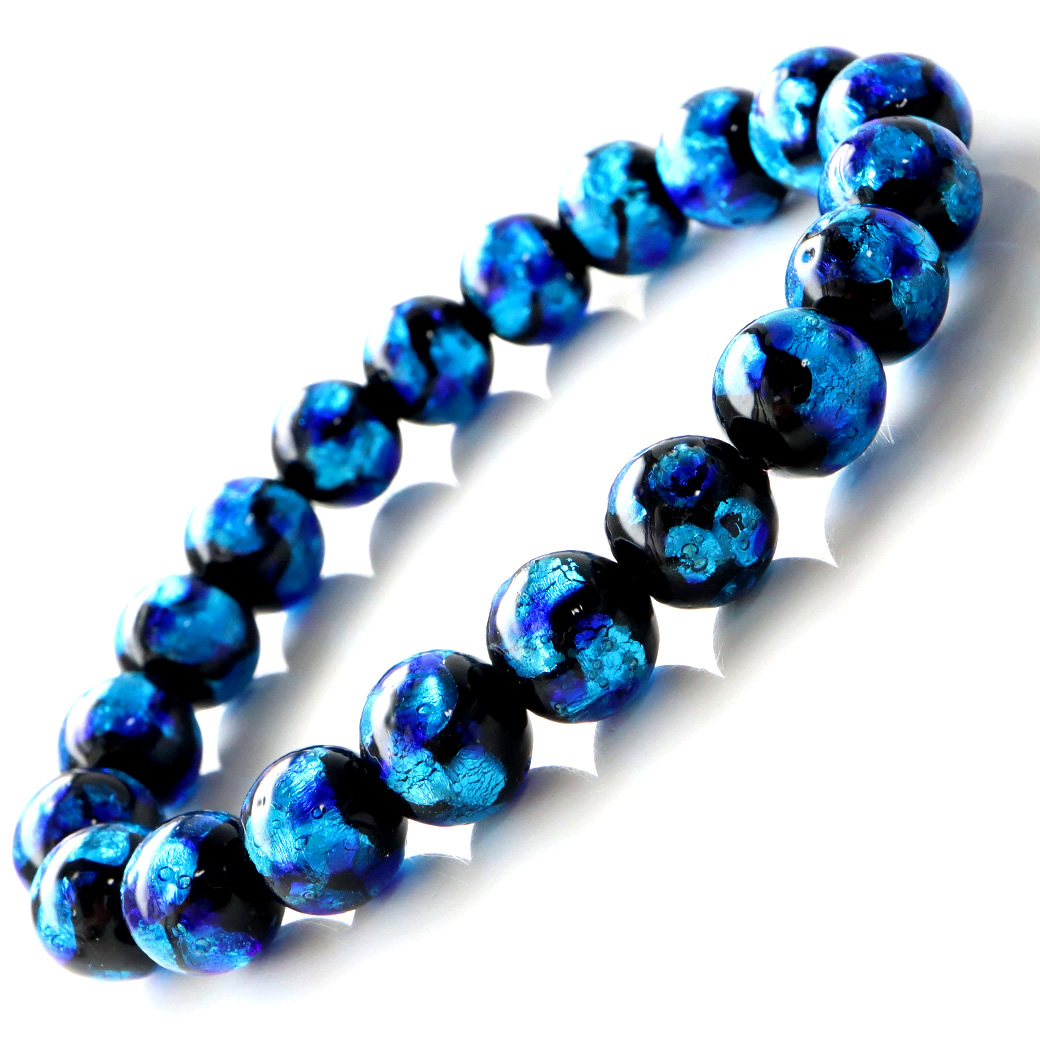 光る ホタルガラス ブルー 10mm ブレスレット とんぼ石 青色 沖縄 お土産 typeA
