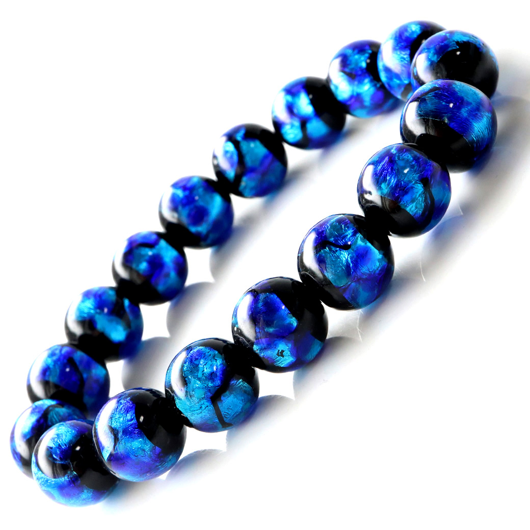 光る ホタルガラス ブルー 12mm ブレスレット とんぼ石 青色 沖縄 お土産 typeA