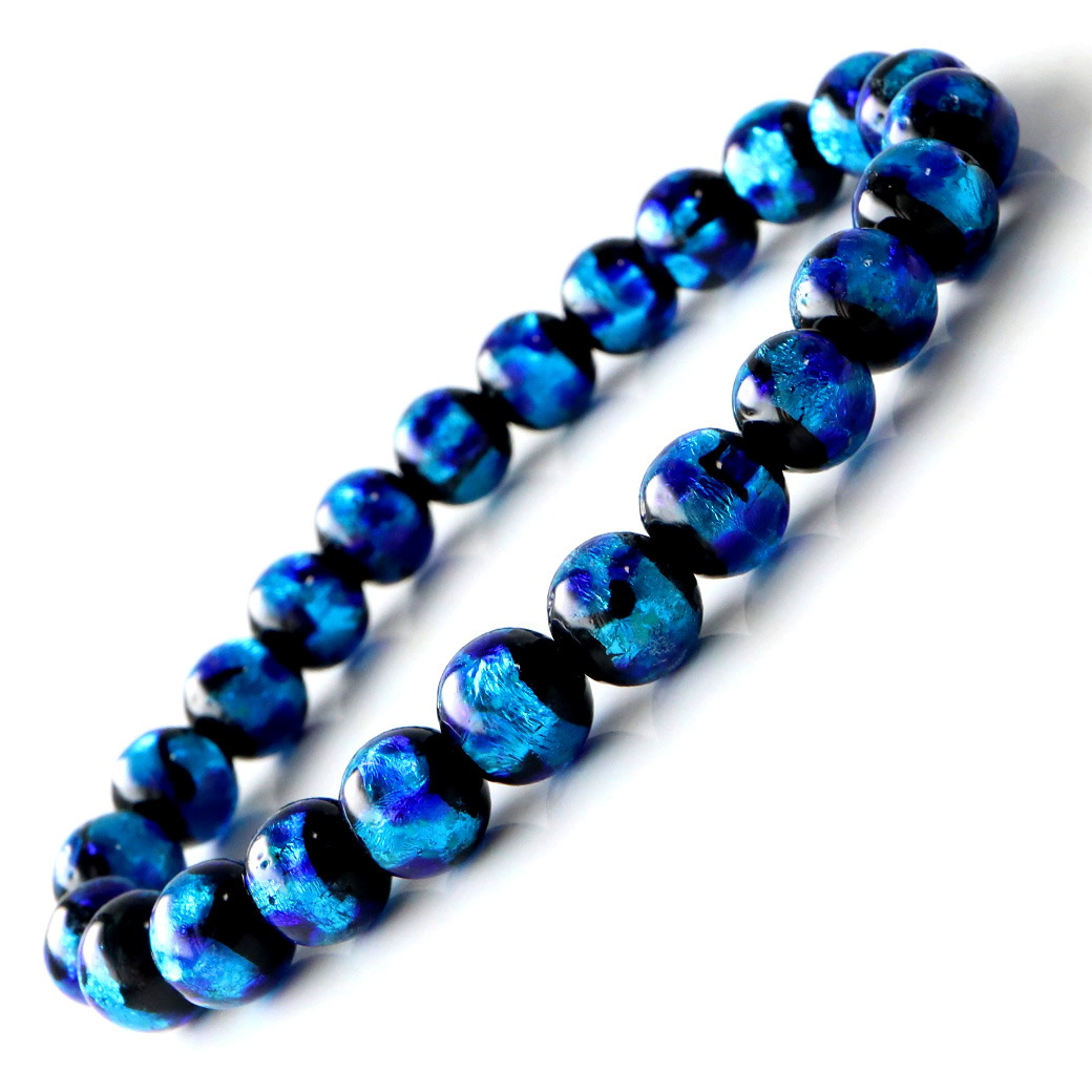 光る ホタルガラス ブルー 8mm ブレスレット とんぼ石 青色 沖縄 お土産 typeA