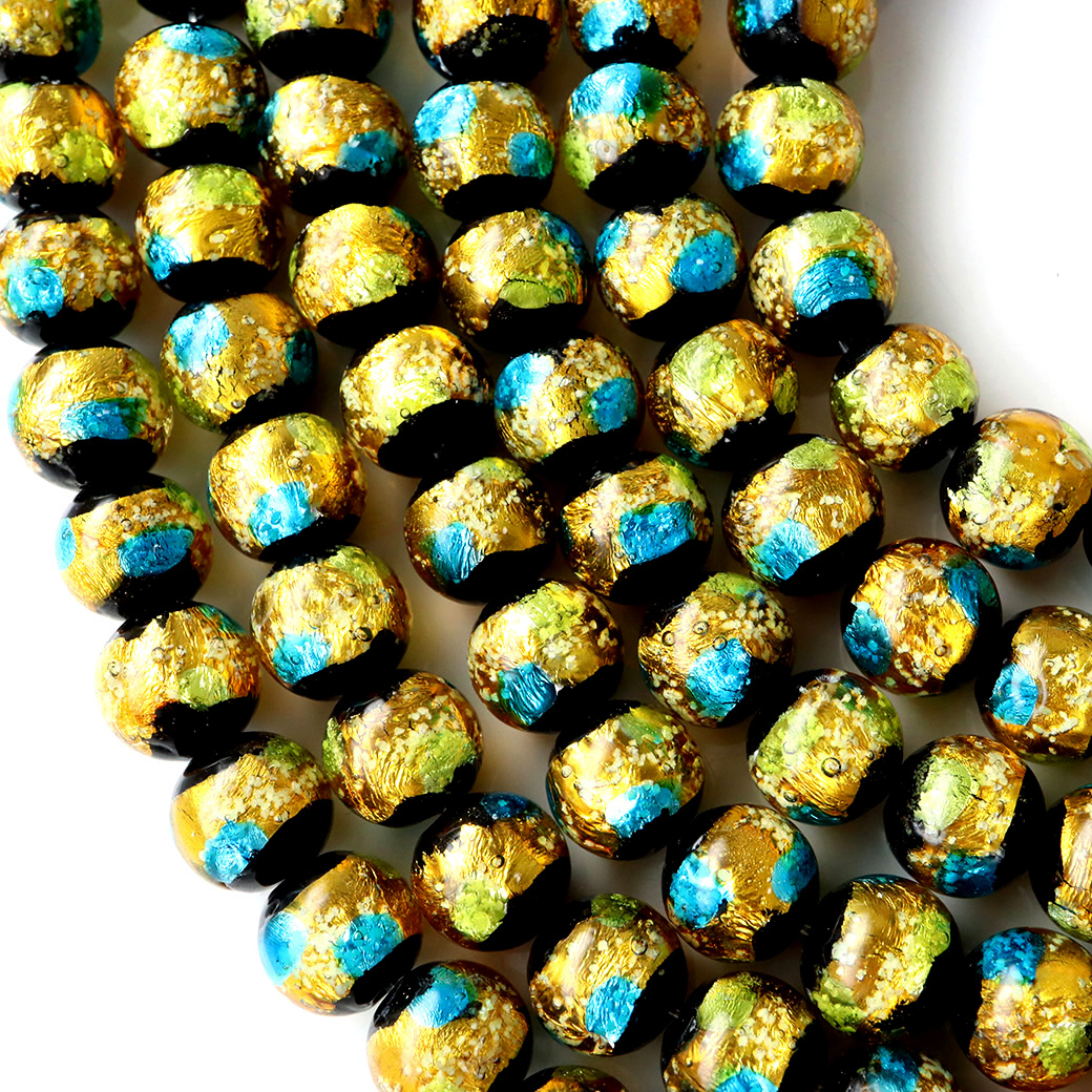 光る ホタルガラス イエロー ブルー MIX 10mm 一連 ビーズ売り（41粒） とんぼ石 青色 黄色 沖縄 お土産