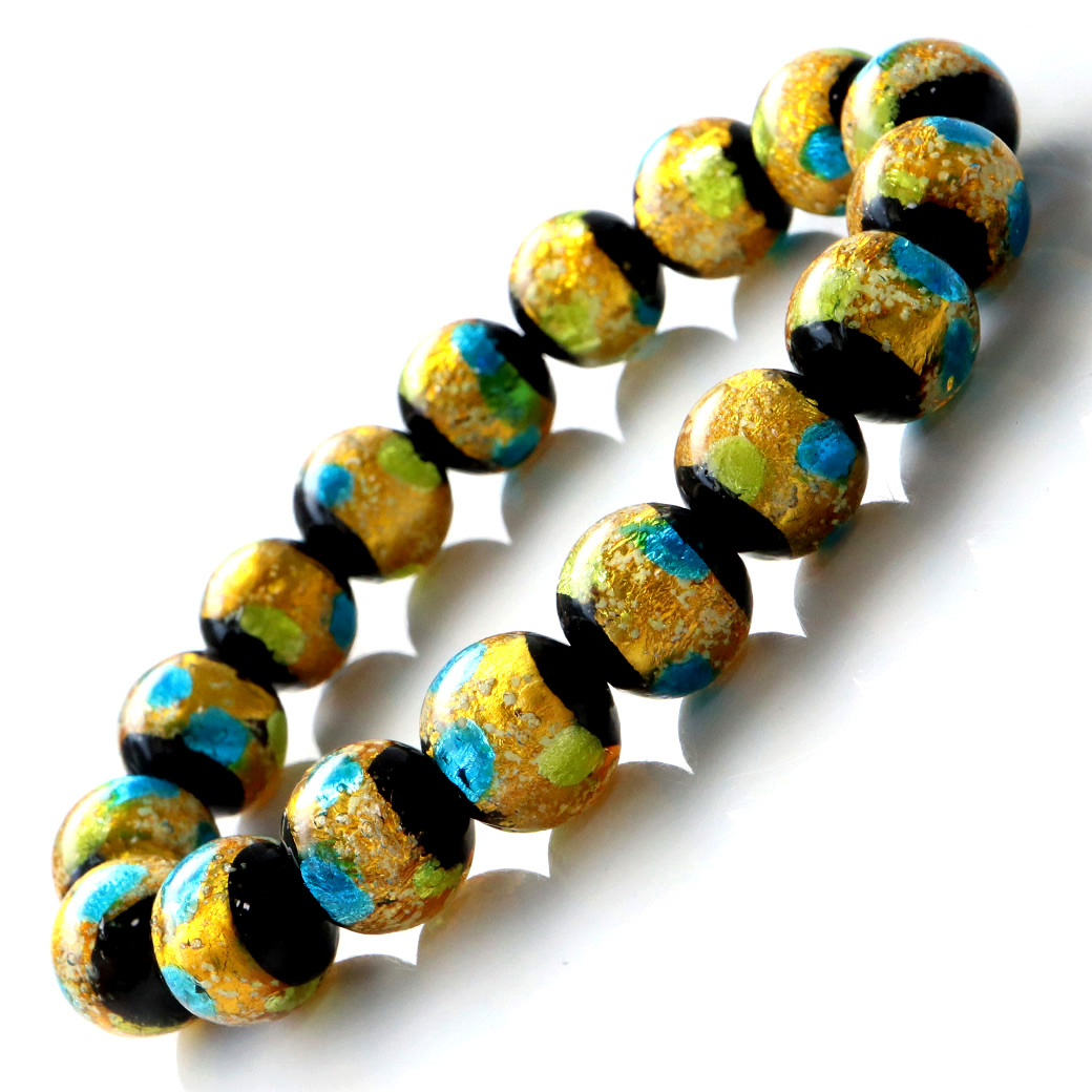 光る ホタルガラス イエロー ブルー MIX 12mm ブレスレット とんぼ石 青色 黄色 沖縄 お土産