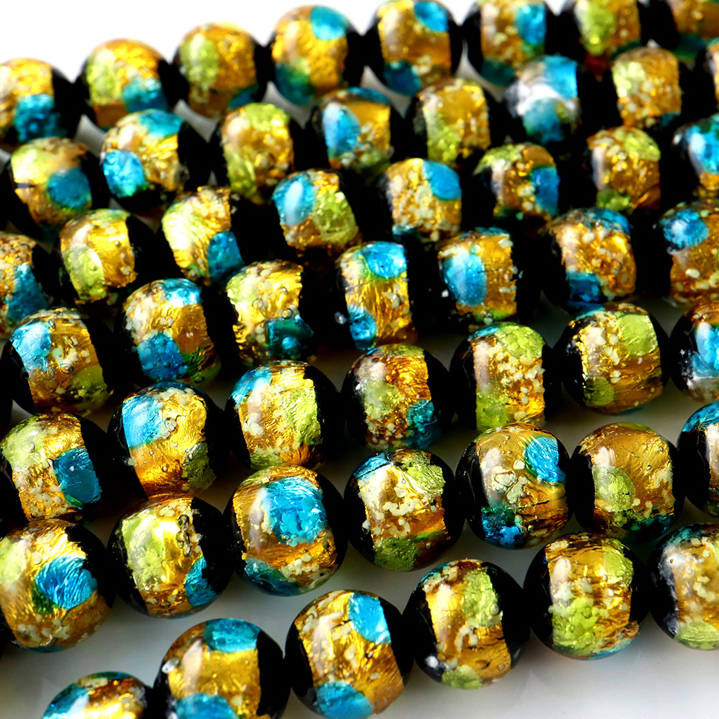 光る ホタルガラス イエロー ブルー MIX 8mm 一連 ビーズ売り（52粒） とんぼ石 青色 黄色 沖縄 お土産