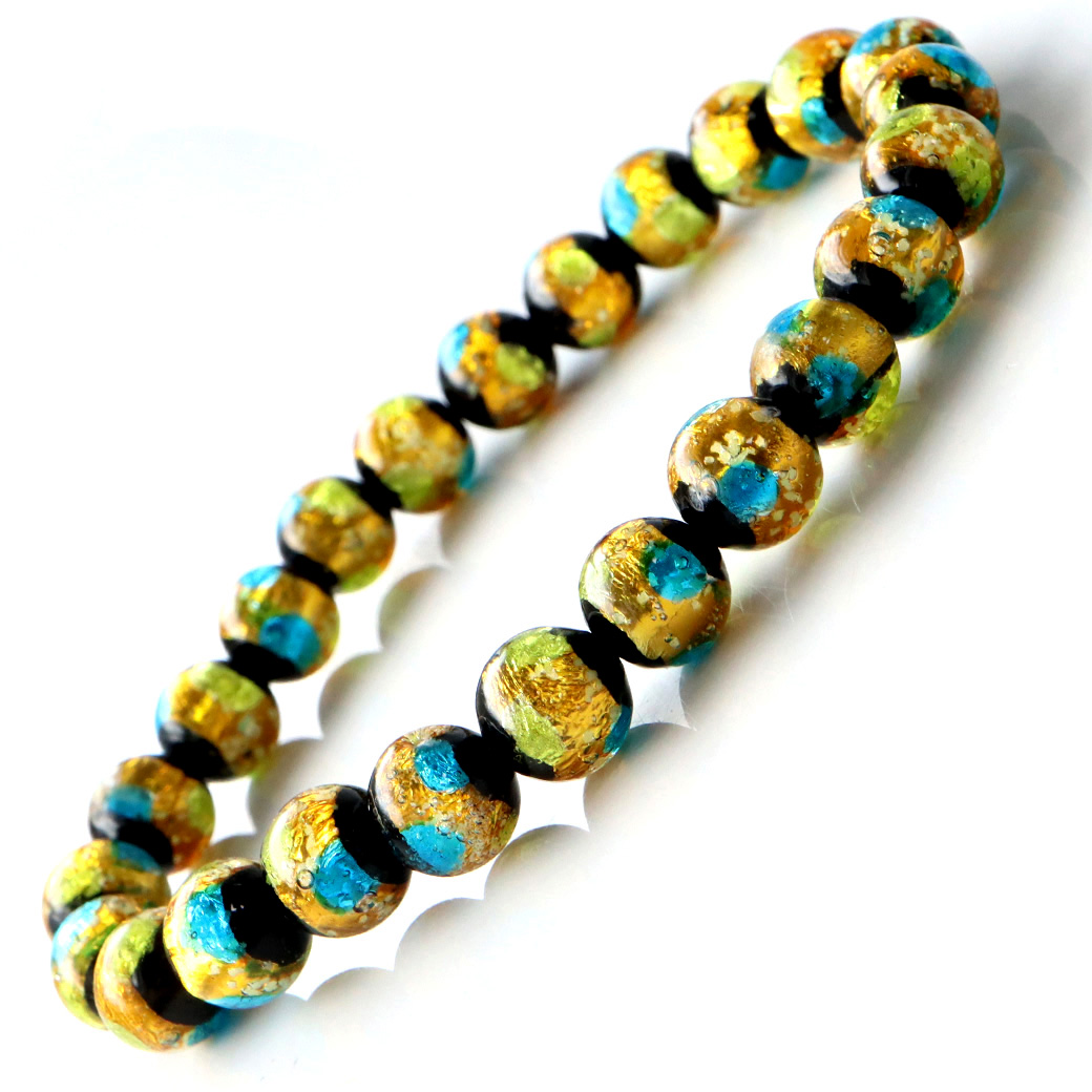 光る ホタルガラス イエロー ブルー MIX 8mm ブレスレット とんぼ石 青色 黄色 沖縄 お土産