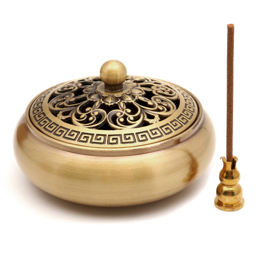 香炉 おしゃれ お香立て 竹編み風 蓋付き 丸型 渦巻型 うずまき 線香 セージ 対応 置き台 ローズウッド使用 灰がこぼれない お盆