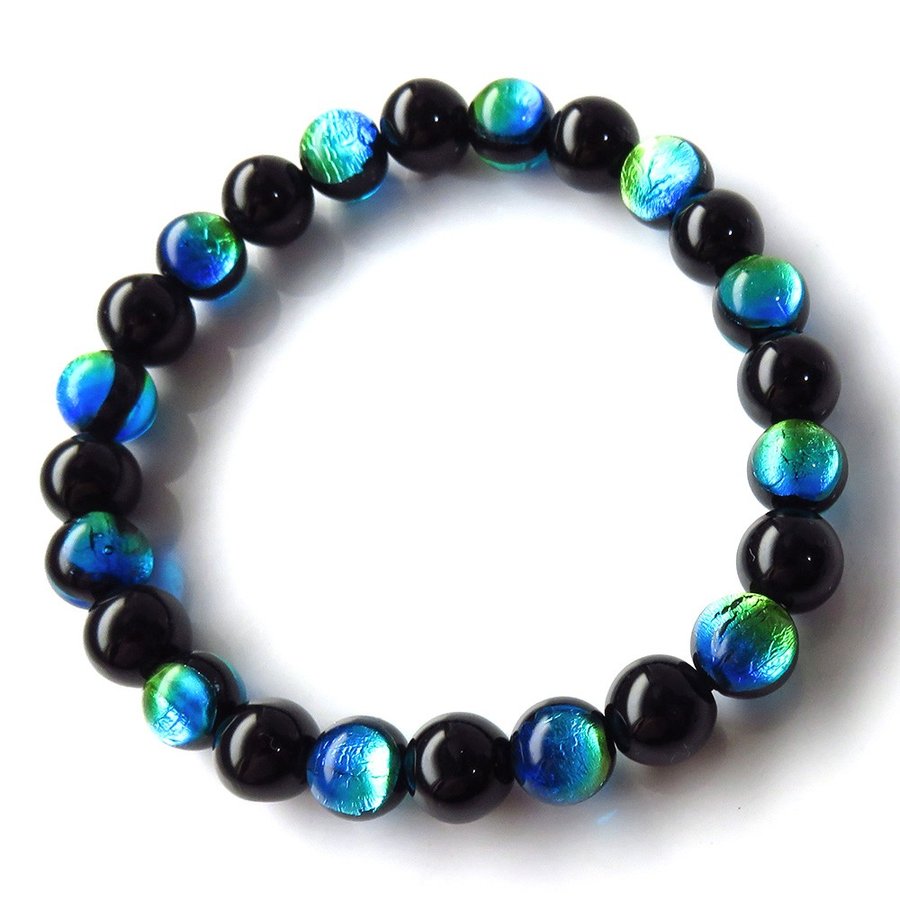 ケラママリン ホタルガラス モリオン 黒水晶 ブレスレット メンズ レディース 8mm 沖縄 ホタル石 とんぼ玉